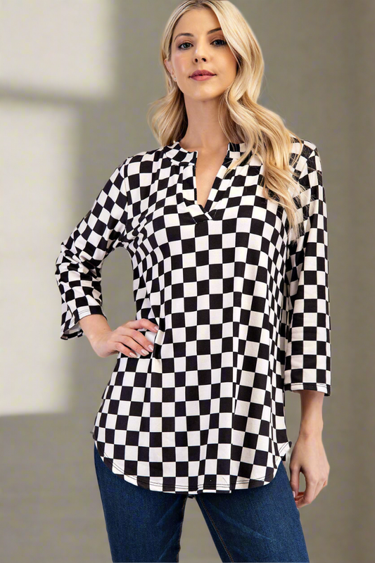 Celeste Curved Hem Checkered Blouse