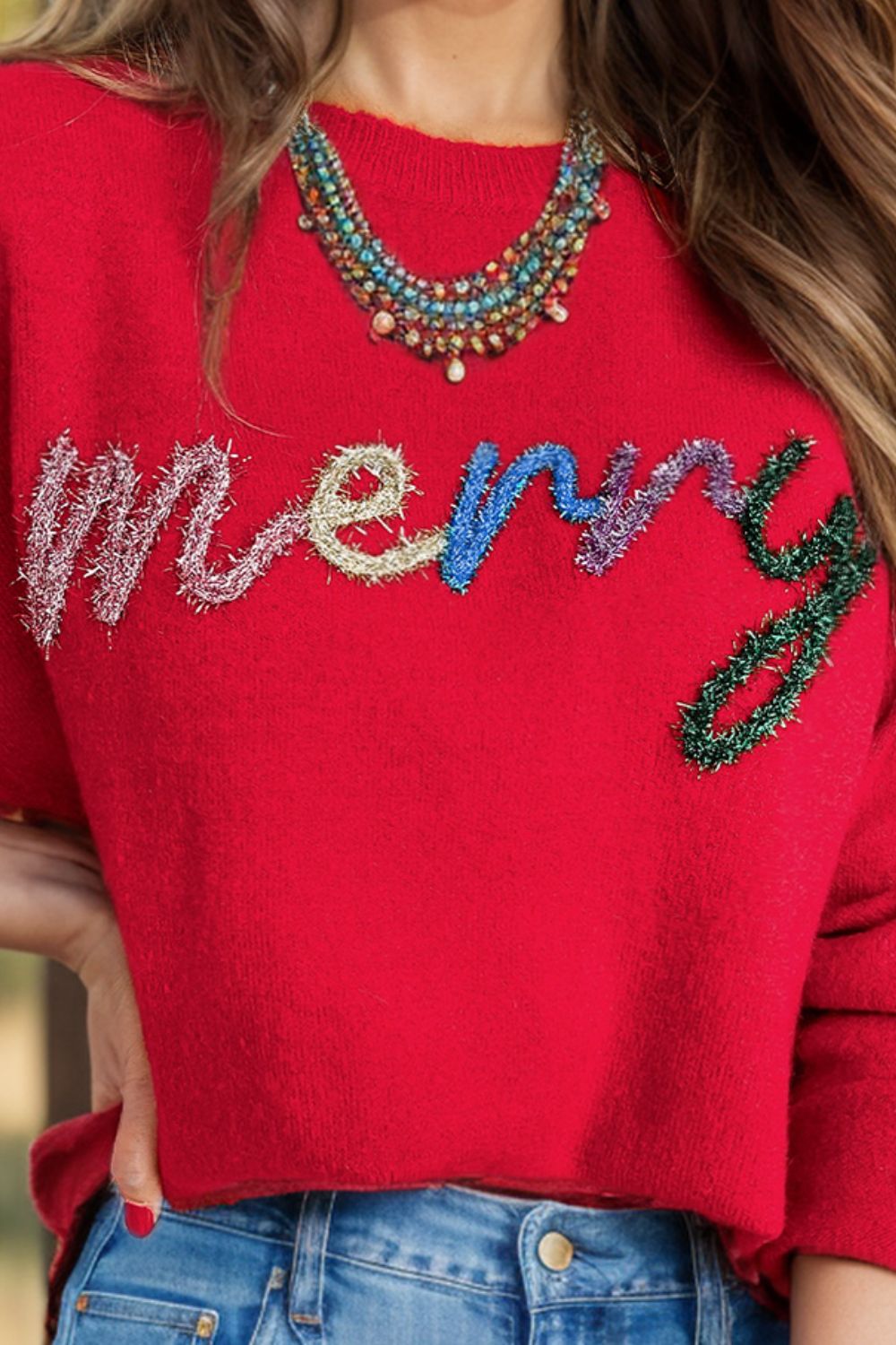 "MERRY" Tinsel Graphic Long Sleeve Sweater