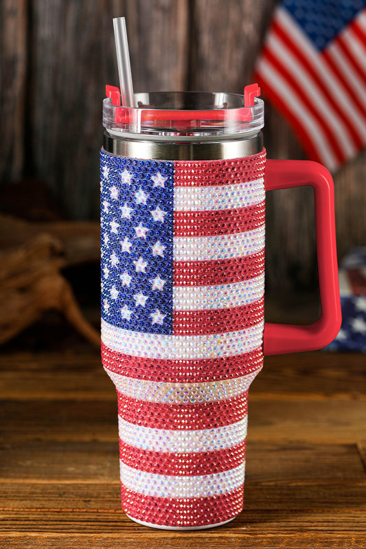 Rhinestone American Flag Print 40oz Thermos Tumbler