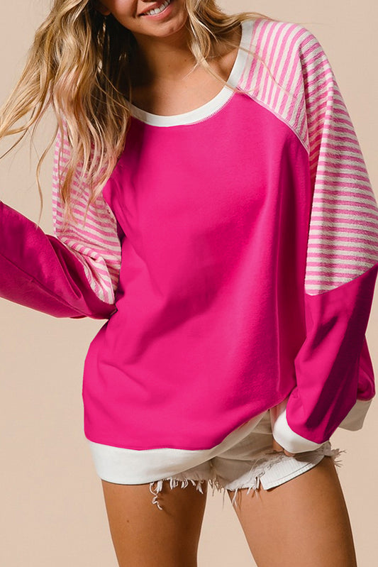 Strawberry Pink Striped Patchwork Raglan Sleeve Top