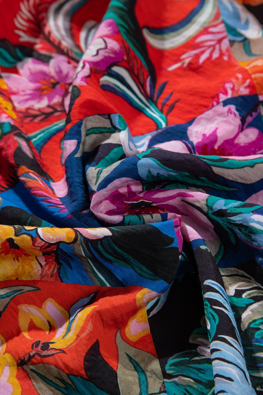 Multicolour Floral Print Ruffle Trim Bubble Sleeve Split Neck Blouse