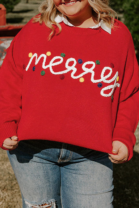 "Merry" Embroidered Holiday Sweater (Plus)