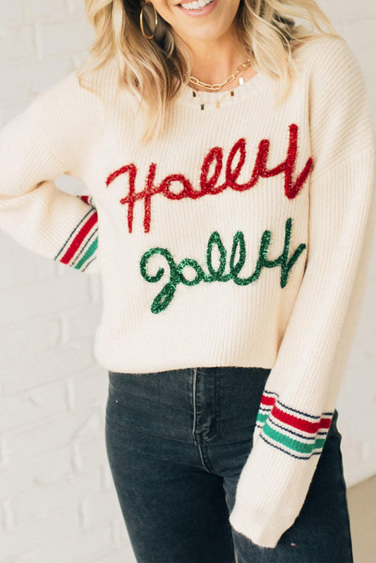 "Holly Jolly" Tinsel  Pattern Colorblock Edge Holiday Sweater