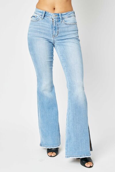 Judy Blue Raw Hem Slit Flare Jeans